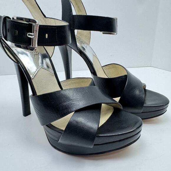 MICHAEL Michael Kors | Oksana Black Leather Stiletto Heel Strappy OpenToe Sandal - Picture 7 of 12